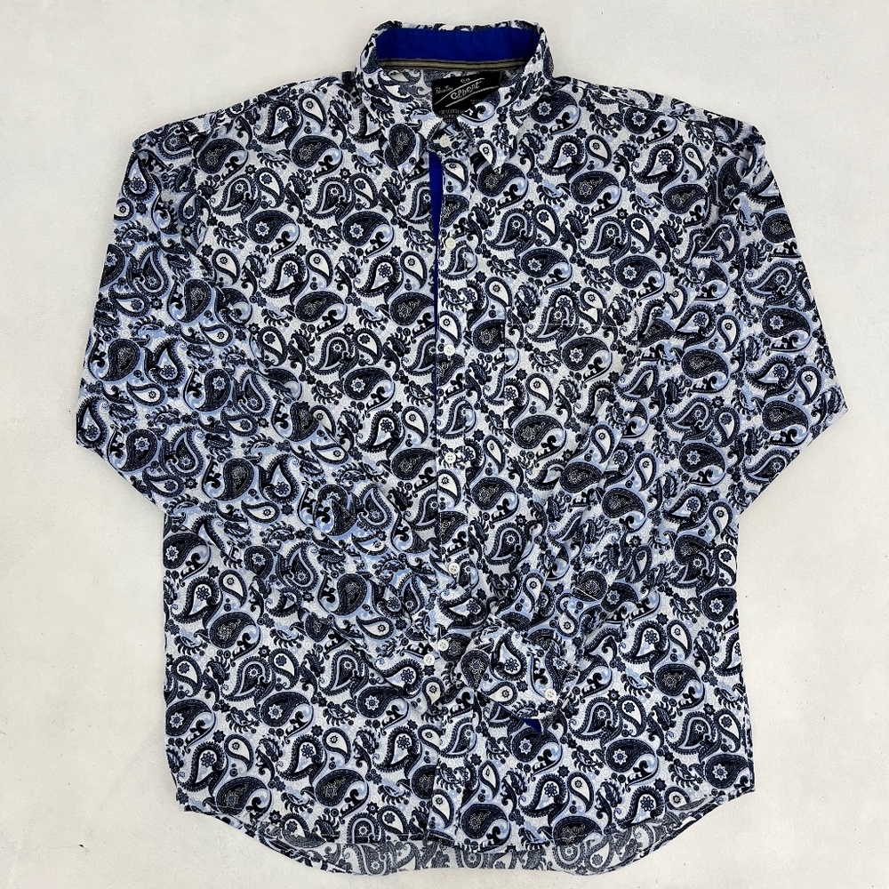 Prestige Albert Mens‎ Size 44 Button Up Shirt White Black Paisley Long Sleeve